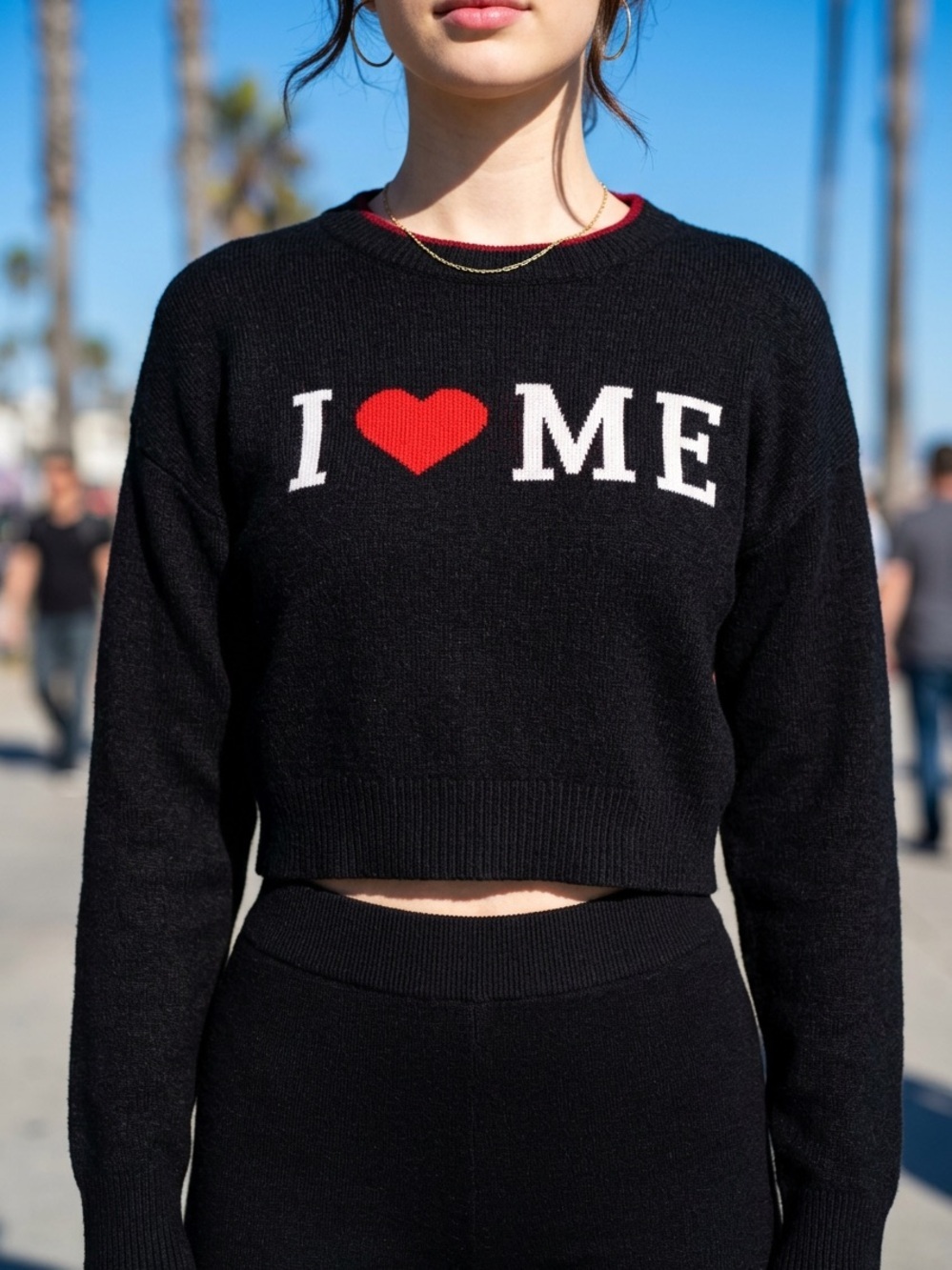 No Boundaries Black Cropped Sweater with I ❤️ ME in white lettering